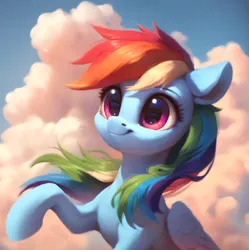 Size: 828x831 | Tagged: safe, ai content, derpibooru import, machine learning assisted, machine learning generated, stable diffusion, rainbow dash, pegasus, pony, beautiful, big eyes, blue sky, cloud, cute, detailed, generator:purplesmart.ai, image, long hair, multicolored hair, pink eyes, png, prompter:saltyvity, rainbow hair, sky, smiling, solo, sunset