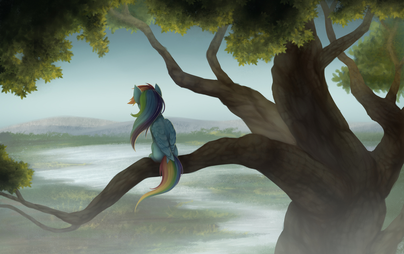 Size: 3500x2200 | Tagged: safe, artist:zetamad, derpibooru import, rainbow dash, pegasus, pony, facing away, female, folded wings, g4, high res, image, jpeg, mare, nature, outdoors, rear view, scenery, sitting, sitting in a tree, solo, tail, tree, tree branch, wings