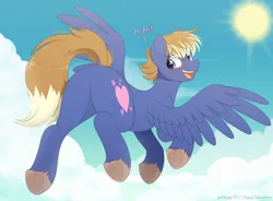 Size: 1600x1179 | Tagged: safe, artist:higgly-chan, derpibooru import, oc, oc:maxwell, unofficial characters only, pegasus, pony, butt, cloud, dialogue, dock, eye clipping through hair, flying, image, looking at you, looking back, looking back at you, male, open mouth, plot, png, rear view, sky, smiling, spread wings, stallion, sun, tail, unshorn fetlocks, wings