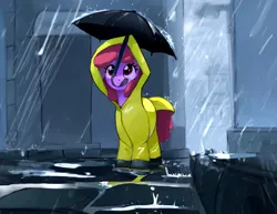 Size: 2546x1970 | Tagged: safe, artist:mandumustbasukanemen, derpibooru import, berry punch, berryshine, earth pony, pony, cobblestone street, female, g4, image, jpeg, mare, mouth hold, outdoors, rain, raincoat, smiling, solo, umbrella, water