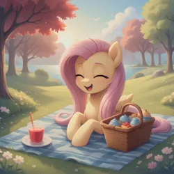 Size: 1320x1320 | Tagged: safe, ai content, derpibooru import, generator:bluefox mix, machine learning generated, prompter:adorablebluefox, stable diffusion, fluttershy, pegasus, pony, basket, beautiful, cup, cupcake, cute, eyes closed, female, flower, food, g4, grass, image, lake, lying down, mare, open mouth, open smile, picnic, picnic basket, picnic blanket, png, prone, scenery, shyabetes, smiling, solo, sunset, tree, water, wings