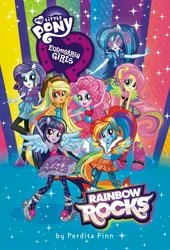 Size: 3393x5000 | Tagged: safe, derpibooru import, official, applejack, fluttershy, pinkie pie, rainbow dash, rarity, twilight sparkle, vinyl scratch, human, equestria girls, arm behind head, book cover, boots, clothes, cover, dress, eared humanization, female, g4, group, headphones, humanized, image, jpeg, looking at you, mane six, my little pony equestria girls: rainbow rocks, my little pony: equestria girls: rainbow rocks, open mouth, open smile, ponied up, raised arm, shoes, smiling, sparkles, spread wings, winged humanization, wings