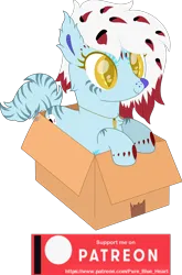 Size: 1637x2476 | Tagged: safe, artist:pure-blue-heart, derpibooru import, oc, oc:brisk bully, unofficial characters only, cat, cat pony, original species, pony, box, cat nose, coat markings, ear fluff, female, if i fits i sits, image, jewelry, mare, multicolored mane, necklace, patreon, patreon logo, patreon reward, png, pony in a box, simple background, smiling, solo, transparent background, watermark, yellow eyes