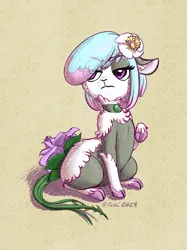 Size: 701x935 | Tagged: safe, artist:furseiseki, derpibooru import, oc, oc:charluna lambstock, unofficial characters only, sheep, :<, angry, body modification, choker, cloven hooves, colored hooves, digital art, eyeshadow, female, feral, flower, formal wear, image, jewelry, makeup, png, pouting, solo, two toned mane, vine