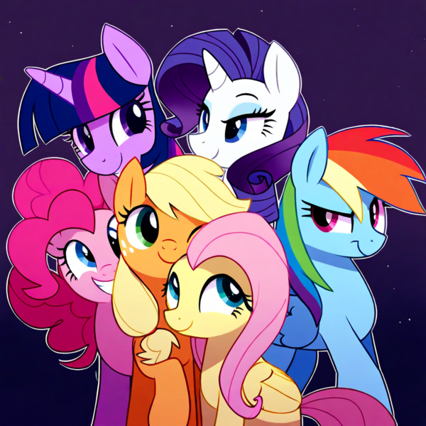 Size: 1024x1024 | Tagged: prompter needed, safe, ai content, derpibooru import, machine learning generated, novelai, stable diffusion, applejack, fluttershy, pinkie pie, rainbow dash, rarity, twilight sparkle, earth pony, pegasus, pony, cute, female, frown, g4, grin, group, hatless, image, lidded eyes, looking at each other, looking at someone, mane six, mare, missing accessory, night, night sky, png, raised hoof, sextet, sky, smiling