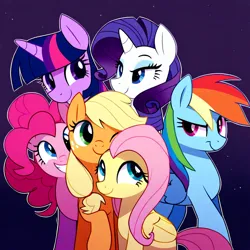 Size: 1024x1024 | Tagged: prompter needed, safe, ai content, derpibooru import, machine learning generated, novelai, stable diffusion, applejack, fluttershy, pinkie pie, rainbow dash, rarity, twilight sparkle, earth pony, pegasus, pony, cute, female, frown, g4, grin, group, hatless, image, lidded eyes, looking at each other, looking at someone, mane six, mare, missing accessory, night, night sky, png, raised hoof, sextet, sky, smiling