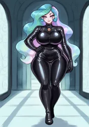 Size: 1440x2048 | Tagged: suggestive, ai content, alternate version, derpibooru import, machine learning generated, stable diffusion, princess celestia, human, antagonist, big breasts, bodysuit, breasts, busty princess celestia, catsuit, clothes, collarbone, corrupted, curvy, derpibooru exclusive, female, g4, generator:pony diffusion v6 xl, hourglass figure, humanized, image, latex, latex suit, png, prompter:inky heart, rubber, rubber suit, solo, solo female, thighs, thunder thighs, villainess, wide hips