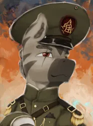 Size: 1560x2100 | Tagged: safe, artist:tekggd, derpibooru import, oc, oc:zasdrubal zarca, unofficial characters only, zebra, equestria at war mod, bust, cap, clothes, hat, image, military uniform, png, portrait, scar, solo, uniform