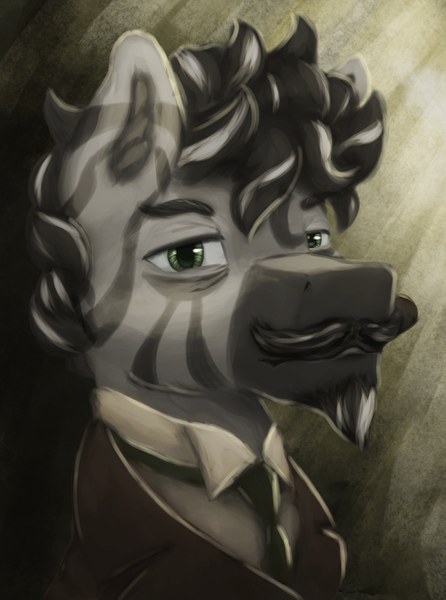 Size: 1560x2100 | Tagged: safe, artist:tekggd, derpibooru import, oc, oc:zago zarca, unofficial characters only, zebra, equestria at war mod, beard, bust, clothes, facial hair, image, jacket, moustache, necktie, png, portrait, solo