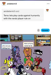 Size: 1173x1736 | Tagged: safe, artist:ask-luciavampire, derpibooru import, oc, earth pony, pegasus, pony, undead, unicorn, vampire, ask, bored games, cards against humanity, horn, image, png, tumblr