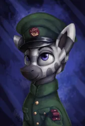 Size: 3096x4572 | Tagged: safe, artist:ryanmandraws, derpibooru import, oc, oc:ziliad annizalid, unofficial characters only, zebra, equestria at war mod, bust, cap, clothes, hat, image, military uniform, png, portrait, solo, uniform