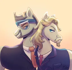 Size: 1590x1555 | Tagged: safe, derpibooru import, colter sobchak, jeff letrotski, earth pony, pony, clothes, duo, duo male, facial hair, g4, gay, image, looking at each other, looking at someone, male, png, simple background, suit