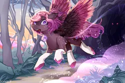 Size: 2351x1567 | Tagged: safe, derpibooru import, oc, unofficial characters only, pegasus, pony, forest, horror, image, monster, nature, pegasus oc, png, predator, running, tree, wings, z0ri0n