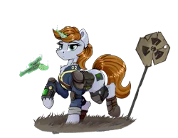 Size: 6200x4800 | Tagged: safe, artist:singovih, derpibooru import, oc, oc:littlepip, unofficial characters only, pony, unicorn, fallout equestria, armor, bag, clothes, female, horn, image, jumpsuit, looking at you, magic, mare, png, road sign, saddle bag, simple background, solo, telekinesis, weapon