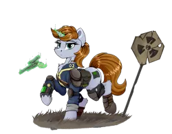 Size: 6200x4800 | Tagged: safe, artist:singovih, derpibooru import, oc, oc:littlepip, unofficial characters only, pony, unicorn, fallout equestria, armor, bag, clothes, female, gun, handgun, horn, image, jumpsuit, knee pads, looking at you, magic, mare, png, revolver, road sign, saddle bag, simple background, solo, telekinesis, vault suit, weapon