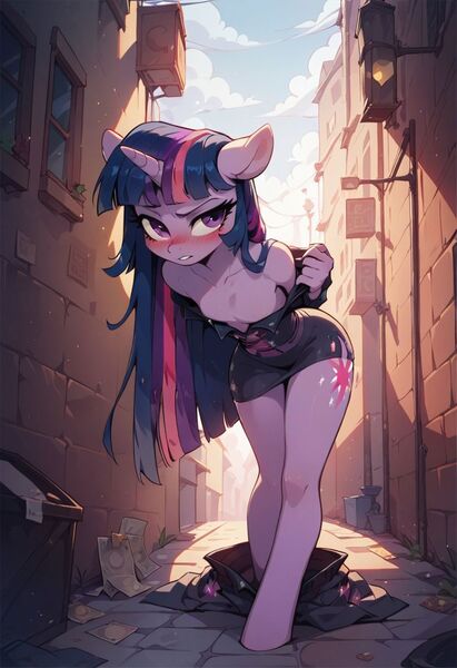 Size: 832x1216 | Tagged: suggestive, ai content, derpibooru import, machine learning generated, twilight sparkle, anthro, alley, blushing, image, jpeg, prostitution, stripping