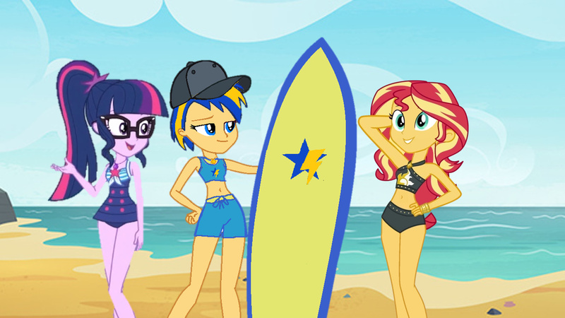 Size: 1147x645 | Tagged: safe, artist:richardchibbard, derpibooru import, sci-twi, sunset shimmer, twilight sparkle, oc, oc:flare spark, human, equestria girls, baseball cap, beach, cap, clothes, female, g4, glasses, hat, image, jpeg, one-piece swimsuit, ponytail, sci-twi swimsuit, sunset shimmer swimsuit, surfboard, swimsuit, trio, trio female