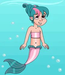 Size: 802x928 | Tagged: safe, artist:ocean lover, derpibooru import, tulip swirl, human, mermaid, bandeau, bare shoulders, belly, belly button, bubble, cheerful, child, cute, excited, excitement, fins, fish tail, green hair, hair bun, happy, human coloration, humanized, image, light skin, looking up, mermaid tail, mermaidized, mermay, midriff, ms paint, ocean, pink tail, png, red eyes, short hair, sleeveless, smiling, species swap, tail, tail fin, two toned hair, underwater, water