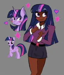 Size: 1740x2048 | Tagged: safe, artist:billtism, derpibooru import, twilight sparkle, twilight sparkle (alicorn), alicorn, human, pony, belt, blackwashing, blushing, clothes, dark skin, female, gray background, heart, humanized, image, jpeg, mare, shirt, simple background, skirt, solo