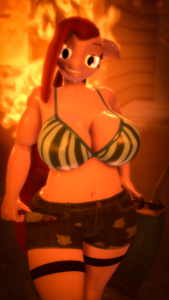 Size: 2160x3840 | Tagged: questionable, artist:silkworm205, derpibooru import, pinkie pie, anthro, earth pony, series:silkworm205's weekly artwork 2024, 3d, arson, big breasts, blood, bloody knife, bra, breasts, busty pinkie pie, cleavage, clothes, colored eyebrows, fat, female, fiery eyes, fire, floppy ears, fluffy mane, g4, holding, image, implied arson, insane smile, jerry can, knife, pinkamena diane pie, png, pudgy, pudgy pie, revamped anthros, shorts, socks, solo, solo female, source filmmaker, staring at you, stockings, tail, thigh highs, underwear