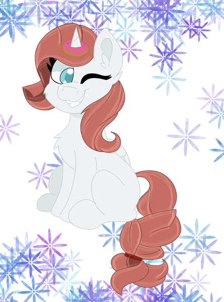 Size: 1833x2466 | Tagged: safe, artist:cinematic-fawn, derpibooru import, oc, oc:day flower, alicorn, pony, donut, female, food, image, mare, one eye closed, png, solo, wink