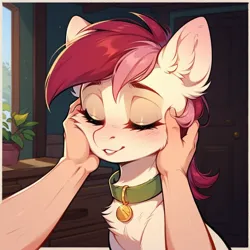 Size: 1024x1024 | Tagged: safe, ai content, derpibooru import, machine learning generated, prompter:doom9454, stable diffusion, roseluck, human, pony, behaving like a cat, collar, cute, eyes closed, fluffy, generator:pony diffusion v6 xl, hand, hand on cheek, image, offscreen character, offscreen human, pet tag, petting, png, pony pet, rosepet