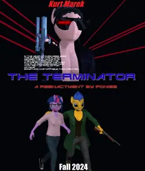 Size: 3200x3785 | Tagged: safe, artist:mr-wolfapex, derpibooru import, flash sentry, sci-twi, twilight sparkle, oc, oc:kurt marek (electro-crit), anthro, anthro oc, arnold schwarzenegger, gun, image, kyle reese, png, poster parody, reenactment, sarah connor, t-800, terminator, weapon