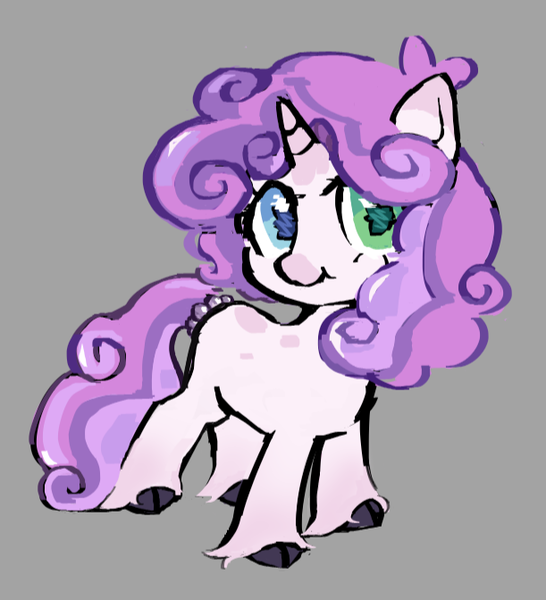 Size: 611x672 | Tagged: safe, artist:krabling, derpibooru import, part of a set, sweetie belle, pony, unicorn, alternate design, alternate eye color, big eyes, black hooves, cloven hooves, coat markings, colored, colored eartips, colored hooves, colored horn, colored muzzle, curly mane, curly tail, cute, diasweetes, eyelashes, female, fetlock tuft, filly, foal, g4, gray background, heterochromia, horn, image, long mane, long tail, png, purple mane, purple tail, redesign, short horn, simple background, smiling, socks (coat marking), solo, spots, spotted, standing, tail, tail tie, unicorn horn, unshorn fetlocks, white coat