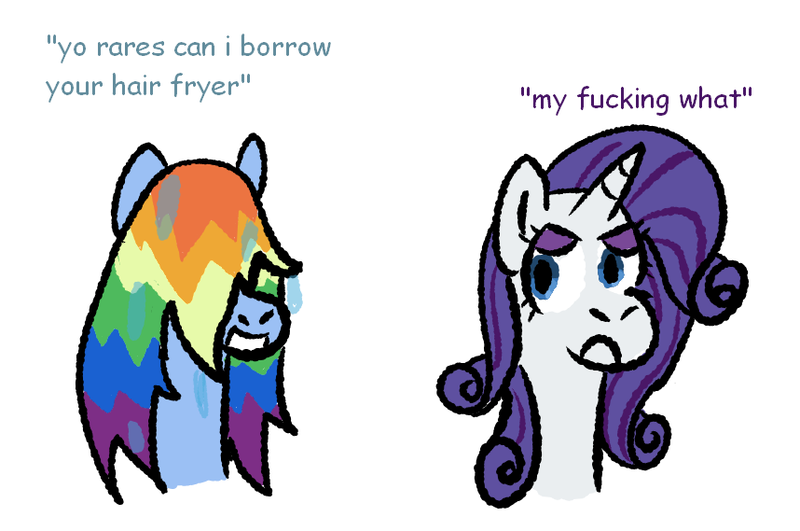 Size: 858x569 | Tagged: safe, artist:zoeyhorse, derpibooru import, rainbow dash, rarity, pegasus, pony, unicorn, clearly you don't own an air fryer, dialogue, duo, duo female, female, hair over eyes, horn, image, lidded eyes, mare, png, simple background, vulgar, wet, wet mane, white background