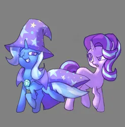 Size: 652x660 | Tagged: safe, alternate version, artist:krabling, derpibooru import, starlight glimmer, trixie, pony, unicorn, blue coat, blue mane, blue tail, cape, clothes, colored, confused, duo, duo female, eyelashes, female, g4, gray background, hat, horn, image, jpeg, looking at each other, looking at someone, mare, old art, one eye closed, open mouth, pink coat, purple eyes, raised hoof, raised leg, simple background, smiling, smiling at each other, standing, tail, trixie's cape, trixie's hat, two toned mane, two toned tail, unicorn horn, wingding eyes