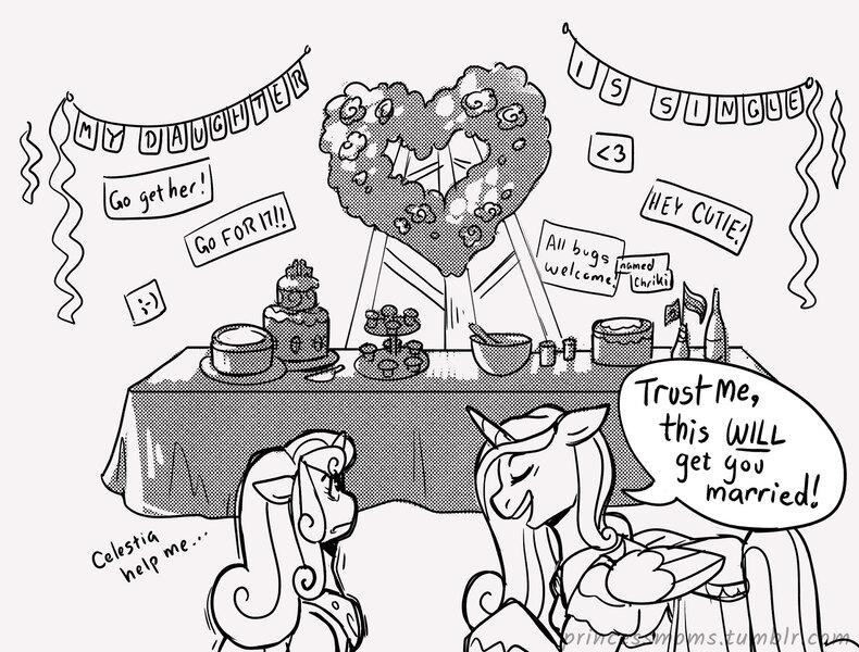Size: 2166x1646 | Tagged: safe, artist:overlordneon, derpibooru import, princess cadance, princess flurry heart, alicorn, pony, banner, cake, dialogue, duo, duo female, female, floppy ears, flower, food, frown, grayscale, heart, image, jpeg, mare, monochrome, mother and child, mother and daughter, older, older flurry heart, princess of shipping, punch (drink), punch bowl, rose, simple background, speech bubble, white background