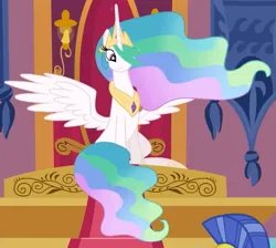 Size: 681x609 | Tagged: safe, derpibooru import, princess celestia, alicorn, pony, season 3, the crystal empire, cropped, crown, ethereal mane, ethereal tail, female, g4, hoof shoes, image, jewelry, looking at someone, mare, offscreen character, peytral, png, regalia, sitting, solo focus, spread wings, tail, wings