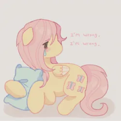Size: 2800x2800 | Tagged: safe, artist:ariariari.png, derpibooru import, fluttershy, pegasus, pony, crying, g4, gray background, image, jpeg, pillow, simple background, solo, teardrop