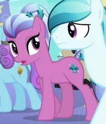 Size: 328x384 | Tagged: safe, derpibooru import, screencap, crystal arrow, crystal beau, elbow grease, paradise (crystal pony), sapphire joy, crystal pony, pony, season 3, the crystal empire, cropped, female, g4, image, looking at each other, looking at someone, male, mare, paradise (g4), png, solo focus, stallion, walking