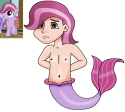 Size: 706x633 | Tagged: safe, artist:ocean lover, derpibooru import, lavender bunch, crystal pony, human, merboy, mermaid, merman, bashful, belly, belly button, chest, child, fins, fish tail, frown, gradient hair, hair over one eye, hands behind back, human coloration, humanized, image, light skin, male, mermay, ms paint, png, purple eyes, reference, shy, simple background, species swap, tail, tail fin, transparent background, two toned hair, white background