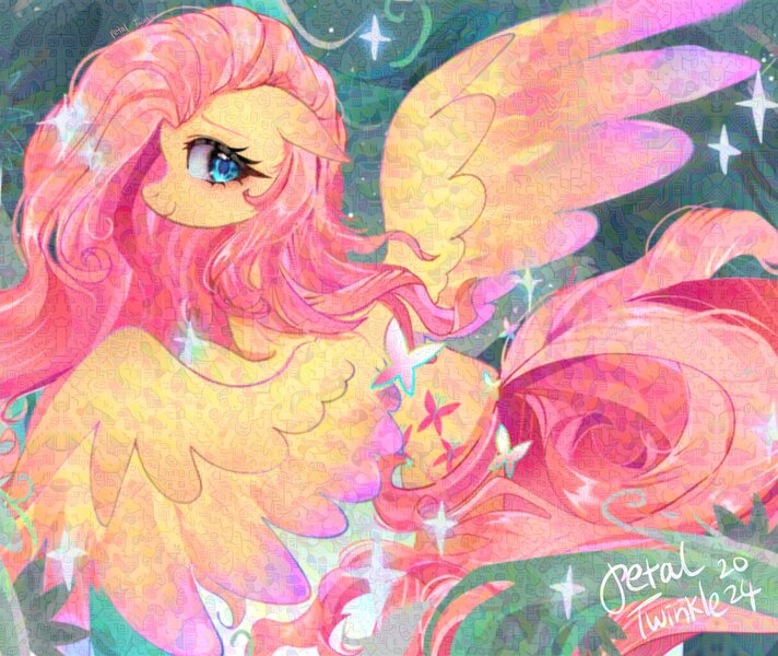 Size: 2048x1726 | Tagged: safe, artist:petaltwinkle, derpibooru import, fluttershy, pegasus, pony, abstract background, blue eyes, blushing, colored, colored eyebrows, colored wings, colored wingtips, ear blush, eye lashes, eyelashes, female, floppy ears, flowing mane, flowing tail, g4, image, jpeg, lidded eyes, long mane, long tail, looking back, mare, one wing out, overhead view, pink mane, pink tail, shiny eyes, shiny mane, shiny tail, signature, smiling, solo, sparkles, sparkly eyes, sparkly mane, spread wings, tail, two toned wings, wing fluff, wingding eyes, wings, yellow coat