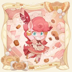 Size: 2000x2000 | Tagged: safe, artist:koyii-kong, derpibooru import, pinkie pie, earth pony, pony, semi-anthro, apron, ascot, cake, clothes, colored pupils, cookie, cupcake, cute, diapinkes, dress, female, food, grin, high res, hoof hold, hooves in air, image, jpeg, looking at you, mare, ribbon, roller skates, signature, skates, smiling, smiling at you, solo, strawberry