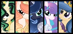 Size: 2440x1164 | Tagged: safe, artist:alinamandarina, artist:lunerymish, derpibooru import, princess flurry heart, oc, oc:flowris sunbeam, oc:luneria lokisdottir, oc:luneria sparkle, oc:magical sentry, oc:moonlight eclipse, changepony, hybrid, pony, base used, crown, female, g4, group, image, interspecies offspring, jewelry, mare, offspring, older, older flurry heart, parent:flash sentry, parent:king sombra, parent:loki laufeyson, parent:oc:twivine sparkle, parent:princess celestia, parent:princess luna, parent:thorax, parent:twilight sparkle, parents:flashlight, parents:lumbra, parents:thoralestia, png, regalia