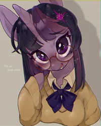 Size: 1569x1965 | Tagged: safe, artist:potetecyu_to, derpibooru import, twilight sparkle, pony, semi-anthro, unicorn, arm hooves, blushing, bowtie, breasts, bust, busty twilight sparkle, clothes, female, glasses, horn, image, jpeg, looking at you, mare, round glasses, smiling, smiling at you, solo, sweater, talking to viewer