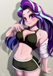 Size: 706x1000 | Tagged: suggestive, artist:the-park, artist:the_park_0111, derpibooru import, starlight glimmer, human, belly, belly button, blushing, bra, breasts, cleavage, clothes, female, g4, humanized, image, looking at you, png, shorts, smiling, smiling at you, solo, solo female, stupid sexy starlight glimmer, underwear