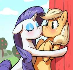 Size: 1367x1294 | Tagged: suggestive, artist:dana_amurka, derpibooru import, applejack, rarity, earth pony, pony, unicorn, apple, apple tree, barn, blushing, duo, duo female, eyes closed, eyeshadow, female, floppy ears, food, freckles, french kiss, g4, horn, image, kiss on the lips, kissing, lesbian, makeup, mare, nose wrinkle, outdoors, png, rarijack, shipping, surprised, sweet apple acres, tail, tree