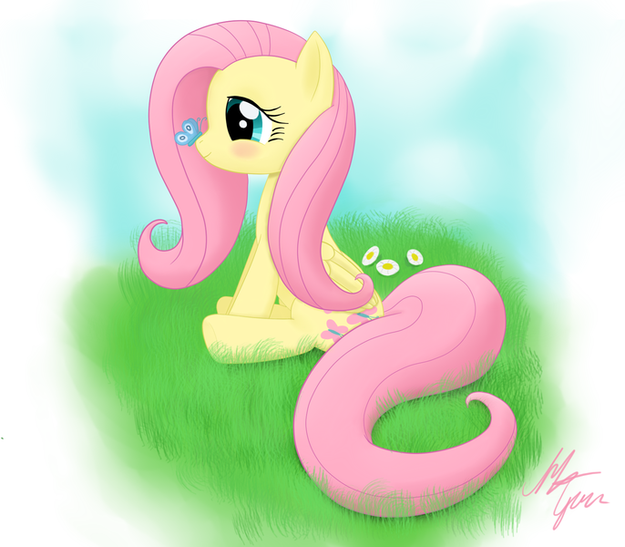 Size: 1600x1400 | Tagged: safe, artist:sameasusual, derpibooru import, fluttershy, butterfly, insect, pegasus, pony, blushing, butterfly on nose, daisy (flower), female, flower, g4, gradient background, grass, image, insect on nose, mare, old art, png, profile, signature, sitting, smiling, solo