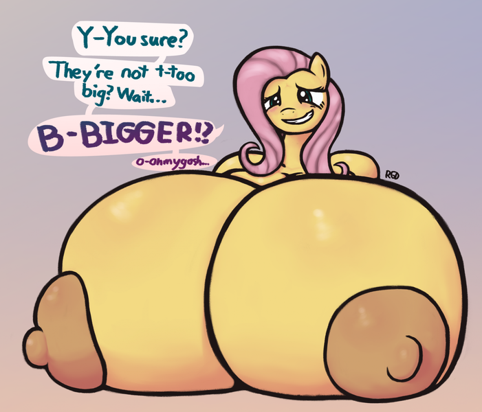 Size: 2075x1776 | Tagged: questionable, artist:rawgravedigger, derpibooru import, fluttershy, anthro, pegasus, big breasts, blushing, breasts, brown nipples, busty fluttershy, dialogue, female, g4, grin, huge breasts, hyper, hyper breasts, image, impossibly large breasts, insecure, nervous, nervous grin, nipples, nudity, png, signature, smiling, solo, solo female