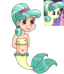 Size: 680x785 | Tagged: safe, artist:ocean lover, derpibooru import, coral shores, crystal pony, human, mermaid, arm behind back, bandeau, bare shoulders, belly, belly button, child, cute, female, fins, fish tail, g4, gradient hair, green hair, hair bun, hairpin, happy, human coloration, humanized, image, innocent, light skin, looking at someone, mermaid tail, mermaidized, mermay, midriff, ms paint, pink eyes, png, reference, simple background, sleeveless, species swap, tail, tail fin, transparent background, two toned hair, white background, yellow tail