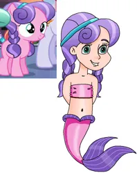 Size: 672x847 | Tagged: safe, artist:ocean lover, derpibooru import, cloudy spinel, crystal pony, human, mermaid, arm behind back, bandeau, bare shoulders, belly, belly button, child, cute, female, fins, fish tail, g4, gradient hair, hairpin, happy, human coloration, humanized, image, innocent, light skin, looking at someone, mermaid tail, mermaidized, mermay, midriff, ms paint, pigtails, pink tail, png, purple hair, reference, simple background, sleeveless, species swap, tail, tail fin, teal eyes, transparent background, two toned hair, white background