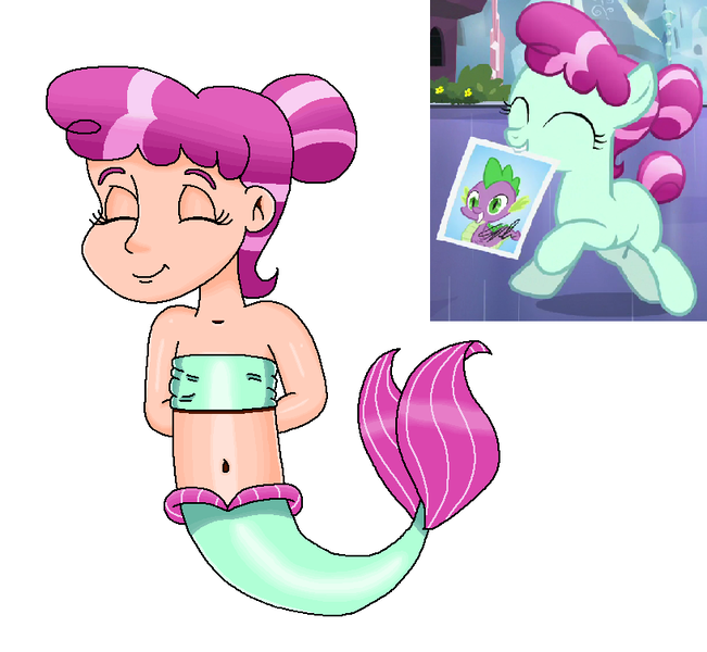 Size: 817x753 | Tagged: safe, artist:ocean lover, derpibooru import, crystal pony, human, mermaid, arm behind back, bandeau, bare shoulders, belly, belly button, cheerful, child, cute, excited, excitement, eyes closed, female, fins, fish tail, g4, gradient hair, green tail, hair bun, happy, human coloration, humanized, image, innocent, light skin, mermaid tail, mermaidized, mermay, midriff, ms paint, png, reference, simple background, sleeveless, smiling, species swap, tail, tail fin, transparent background, two toned hair, white background