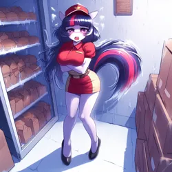 Size: 1024x1024 | Tagged: safe, ai content, derpibooru import, machine learning generated, twilight sparkle, anthro, adorasexy, big breasts, blushing, breast squish, breasts, busty twilight sparkle, clothes, cold, complaining, crossed arms, cute, female, freezer, freezing, frost, g4, hat, ice, image, looking at you, missing horn, open mouth, png, prompter:horselover fat, refrigerator, restaurant, sexy, shelves, shivering, shoes, solo, uniform, uniform hat