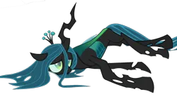 Size: 1920x1080 | Tagged: safe, derpibooru import, edit, edited screencap, screencap, queen chrysalis, changeling, about to cry, concave belly, defeated, derpibooru exclusive, image, lanky, long legs, lying down, narrowed eyes, not a vector, png, sad, side, simple background, skinny, snow, solo, tall, thin, transparent background