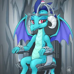 Size: 3070x3070 | Tagged: safe, artist:mysticalpha, derpibooru import, princess ember, dragon, chair, commission, cuffs, dragoness, female, g4, high res, image, lidded eyes, looking at you, mind reading, partially open wings, png, signature, sitting, smiling, smiling at you, solo, tied to chair, wings