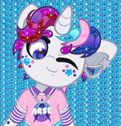 Size: 625x650 | Tagged: safe, artist:partypievt, derpibooru import, oc, oc:party pie, unofficial characters only, anthro, pony, unicorn, animated, arse, collar shirt, ear piercing, earring, facial markings, gif, glitter, horn, image, jewelry, looking at you, one eye closed, piercing, solo, wink, winking at you